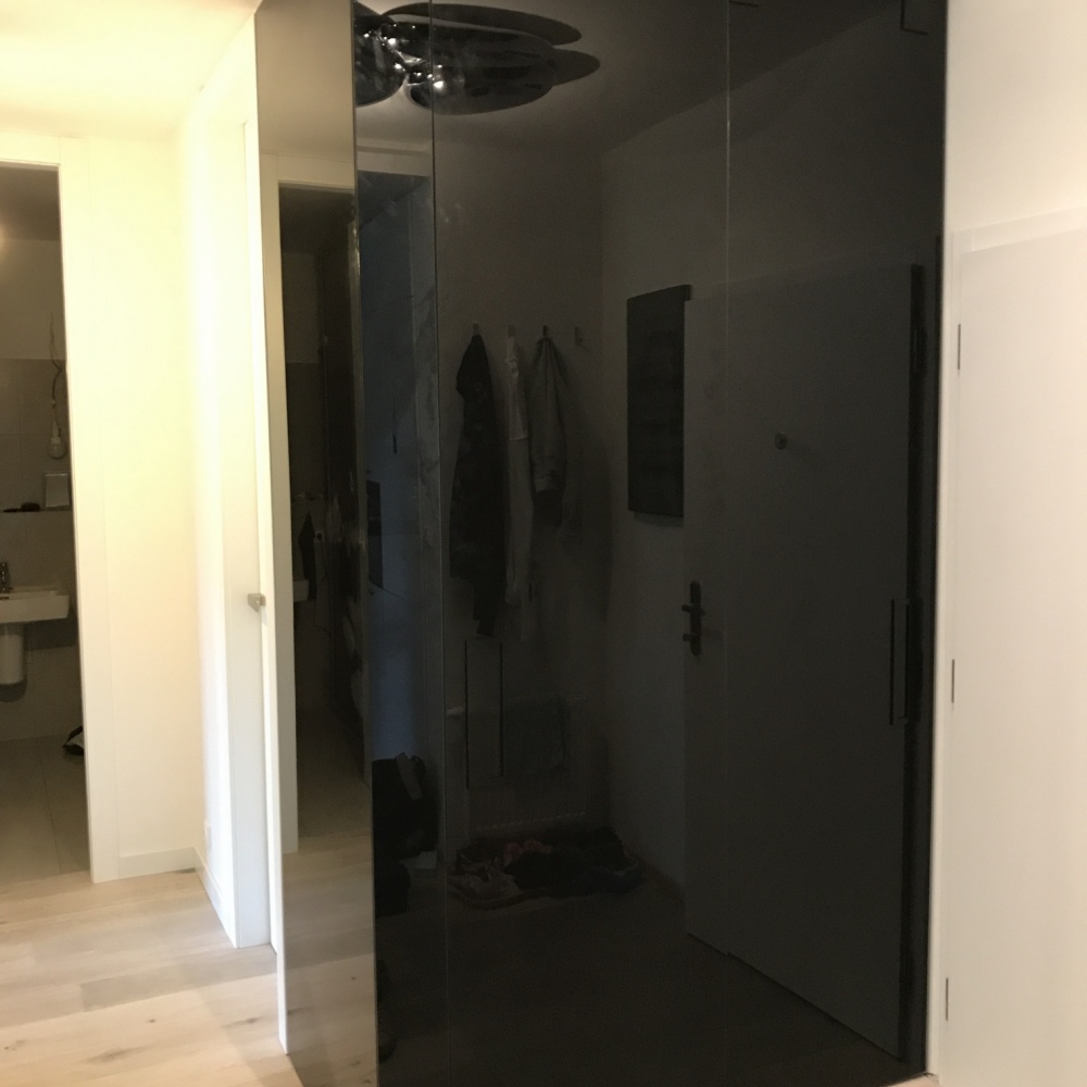 Atypické sklenené dvere, nepriehľadne so skleneným obkladom sme navrhli na mieru pre klienta do chodby bytu. Sme technická kancelária, ktorá Vám navrhne to správne riešenie.